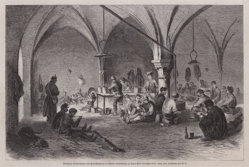 Dijon, Fransa, Fransa-Prusya savaşı, 1870 Aralık ortası belediye binasında yakalanan Garibaldianlar ve Fransız franc-tireurs (gravür) by German School