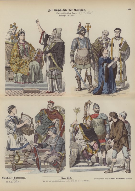 Carolingian Frank kostümleri, 8. Yüzyıl (renkli gravür) by German School