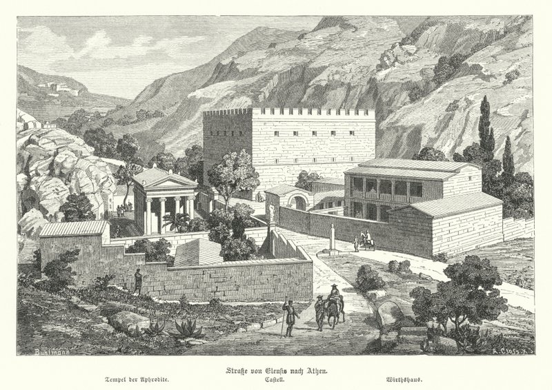 Eleusis'ten Atina'ya giden yolda kale, Antik Yunanistan (gravür) by German School