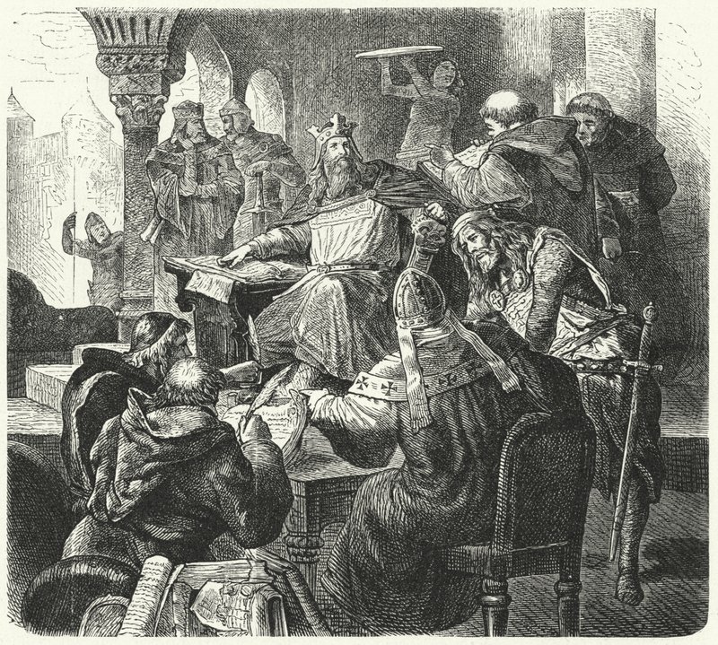 Bilim adamları ve din adamlarıyla Charlemagne danışmanlığı (gravür) by German School