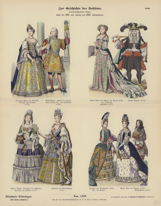 Kraliyet ve soyluların kostümleri, 17. yüzyılın sonları ve 18. yüzyılın başlarında (renkli gravür) by German School
