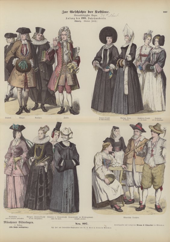 Zürih İsviçre kantonunun kostümleri, 18. yüzyılın başlarında (renkli gravür) by German School