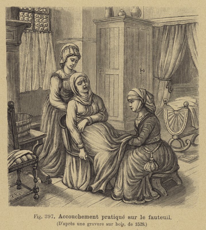 Doğum sandalyesinde oturan anne ile bir bebek doğurmak, 16. yüzyıl by German School