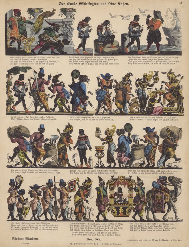 Dick Whittington ve kedileri (renkli gravür) by German School