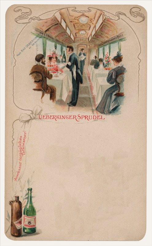 Bir trende yemek vagonu, Ueberkinger Sprudel sofra suyu (chromolitho) için reklam by German School