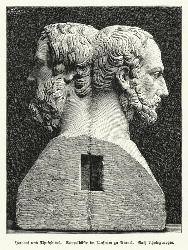 Herodot ve Thucydides'in çift büstü, Antik Yunan tarihçileri (lito) by German School