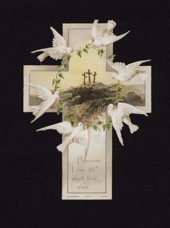 Calvary tepesinde üç haç üzerinde bir çelenk taşıyan güvercinler, Hıristiyan tebrik kartı (chromolitho) by German School