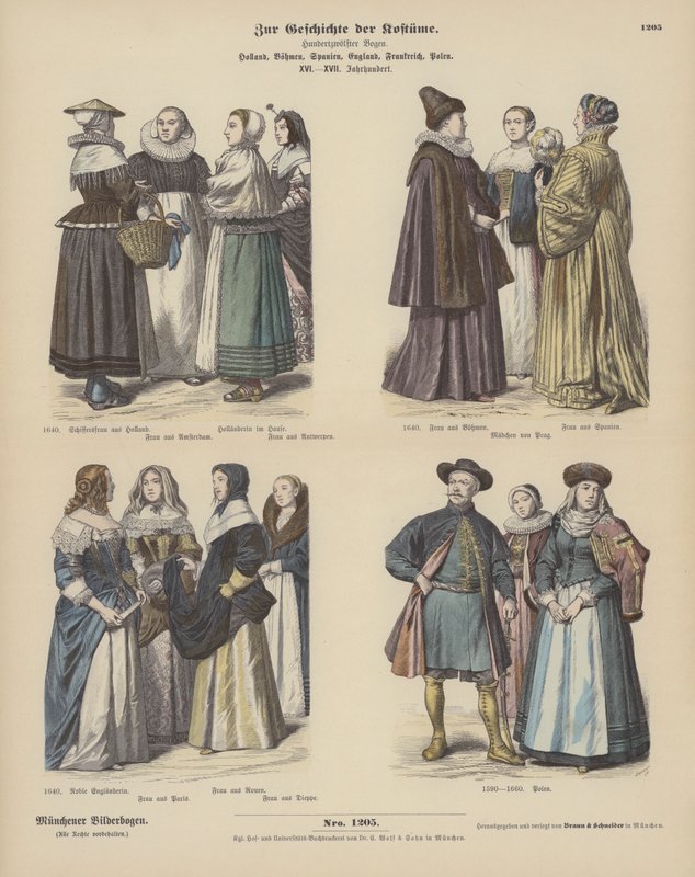 Felemenkçe, Bohem, İspanyolca, İngilizce, Fransızca ve Lehçe, kostümler by German School