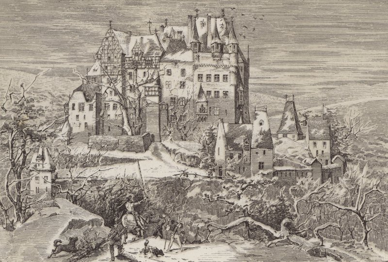 Eltz Kalesi, Moselle Nehri üzerindeki tepelerde, Almanya, 16. yüzyılın sonlarına bakıldığında (litho) by German School