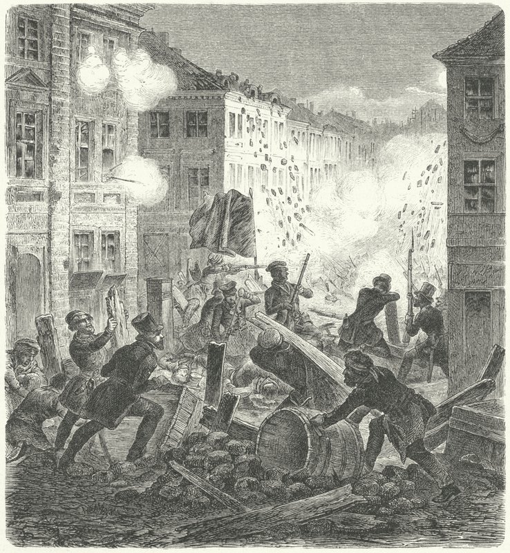 Colln Belediye Binası önünde bir barikatta savaşmak, Berlin, 1848 Devrimi (gravür) by German School