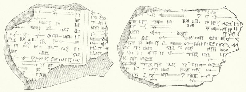 İki kil tablet üzerindeki Babil çivi yazısı metninin parçaları (gravür) by German School