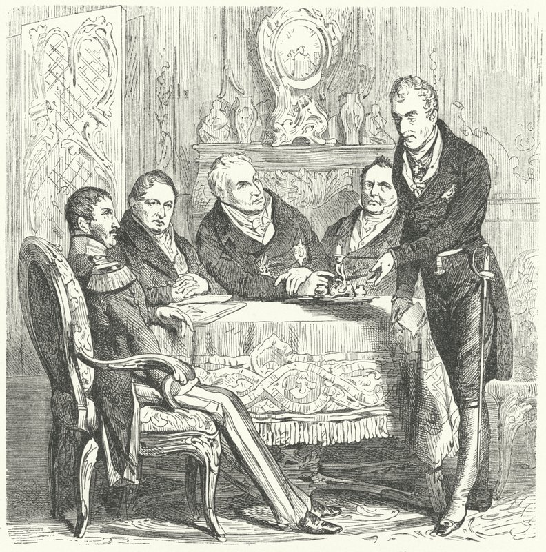 Prusyalı Frederick William III, Başbakanı Karl August von Hardenberg ve Avusturya Dışişleri Bakanı Klemens von Metternich ile yaptığı görüşmelerde (gravür) by German School
