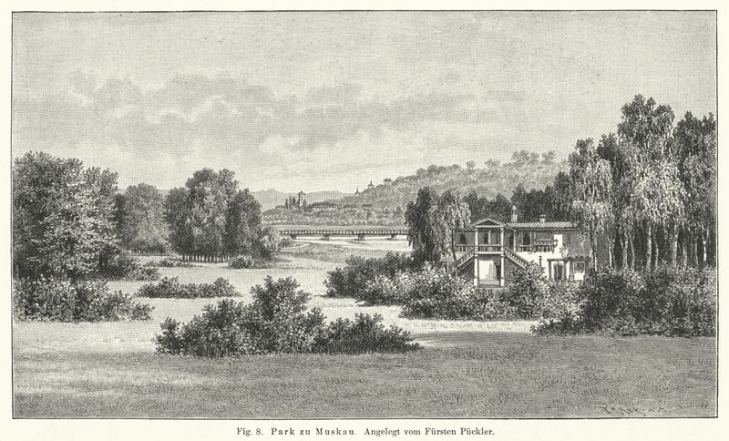 Bahçe tasarımı: Muskau Parkı, Almanya, Prens Hermann von Pueckler-Muskau tarafından tasarlandı (gravür) by German School