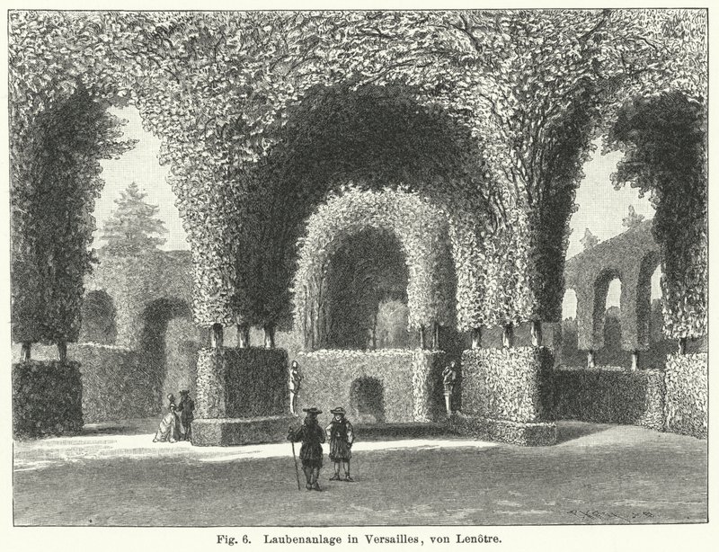 Bahçe tasarımı: 17. yüzyılda Andre le Notre tarafından düzenlenen Versailles, Fransa bahçelerindeki çardaklar (gravür) by German School