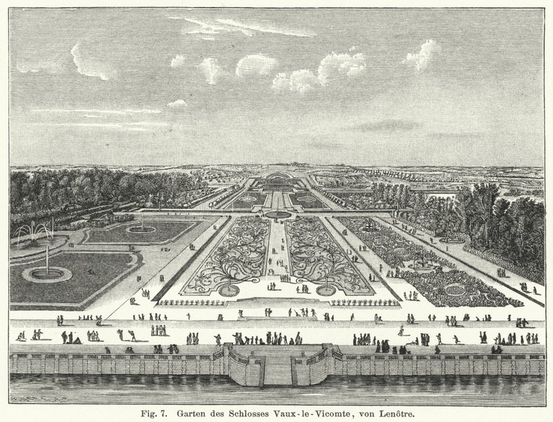 Bahçe tasarımı: 17. yüzyılda Andre le Notre tarafından ortaya konan Chateau de Vaux-le-Vicomte, Maincy, Fransa bahçeleri (gravür) by German School