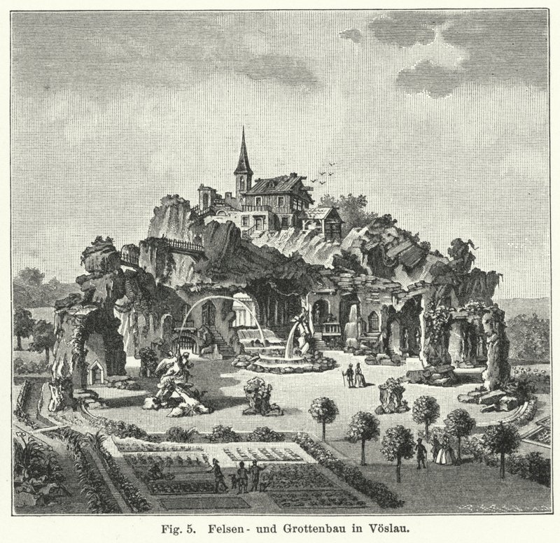 Bahçe tasarımı: Kont Johann von Fries bahçesindeki mağara dağı, Voslau, Avusturya (gravür) by German School