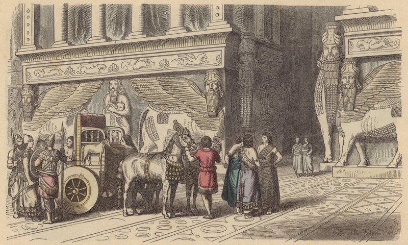Bir Asur sarayına açılan kapı (renkli gravür) by German School