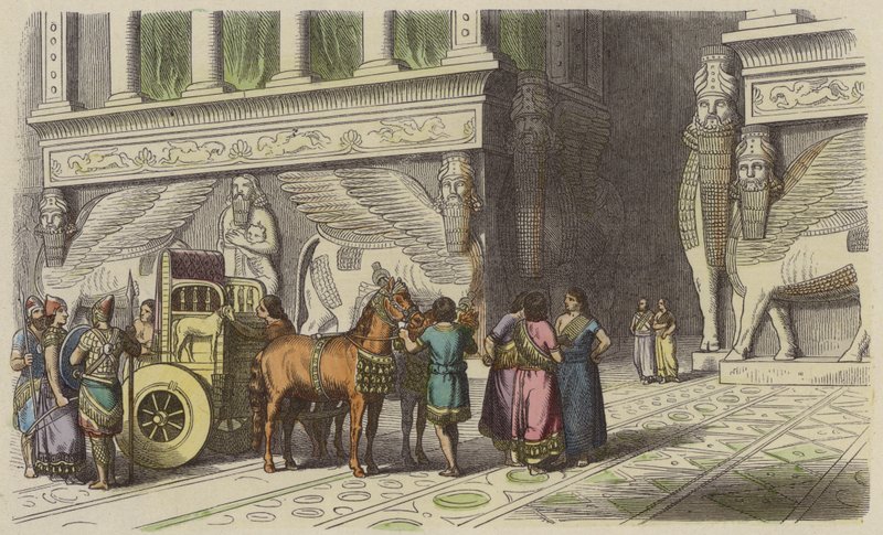 Bir Asur sarayına açılan kapı (renkli gravür) by German School