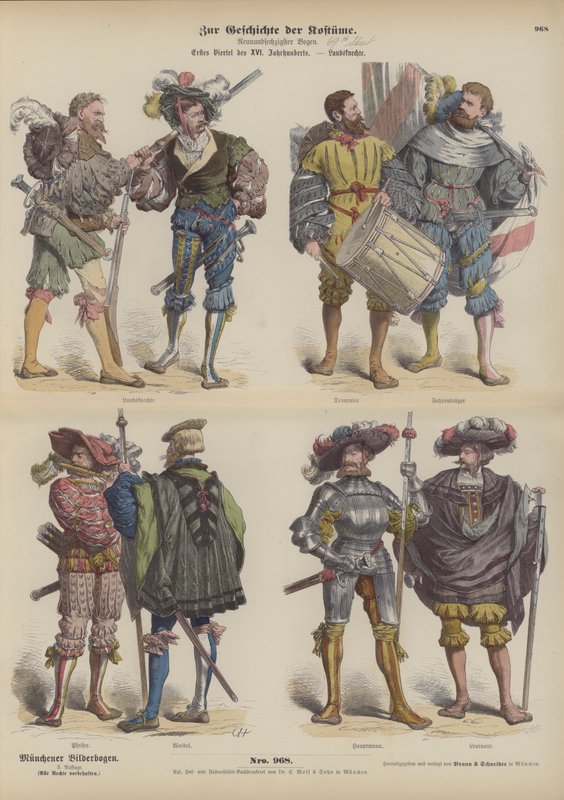 Alman Landsknechte (paralı askerler), 16. yüzyılın başlarında (renkli gravür) by German School
