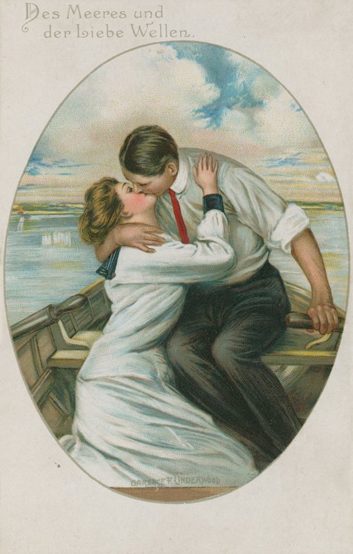 Bir teknede öpüşen Alman erkek ve kadın, 10 Eylül 1913'te gönderilen kartpostal by German School