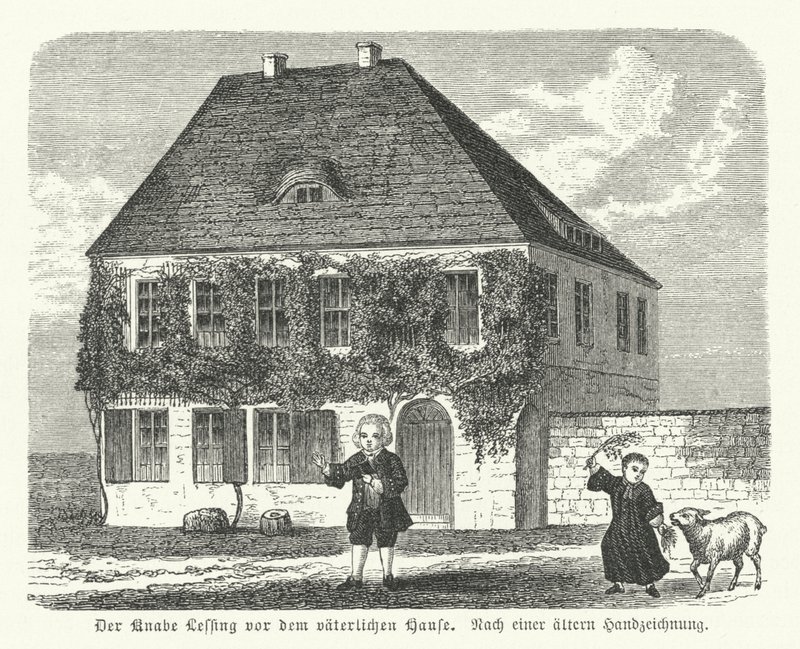 Alman filozof ve oyun yazarı Gotthold Ephraim Lessing, babasının Kamenz'deki evinin önünde çocukken (gravür) by German School