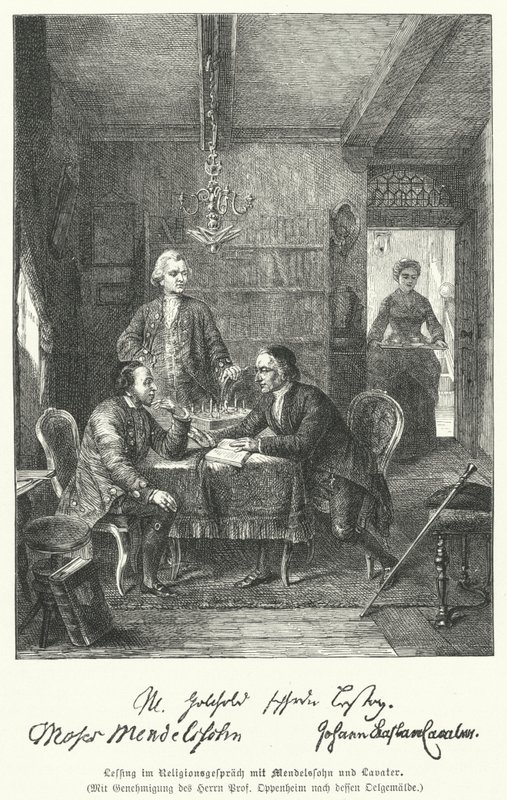 Alman filozof ve oyun yazarı, Musa Mendelssohn ve Johann Kaspar Lavater ile dini tartışıyor (gravür) by German School