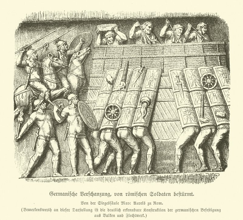 Romalı askerler tarafından saldırı altında olan Germen tahkimatı (gravür) by German School