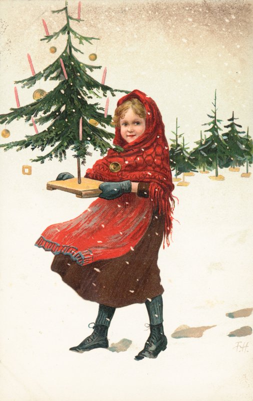 Karda küçük Noel ağacı taşıyan kız by German School