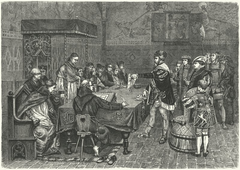 İsveç Kralı Gustav I Vasa, Vasteras Piskoposu Peter Sunnanvader ile yüzleşiyor by German School