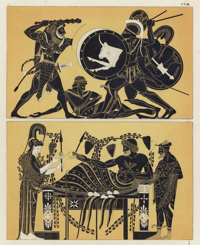 Athena ve Dionysos ile Geryon ve Geryon ile savaşan Herkül by German School