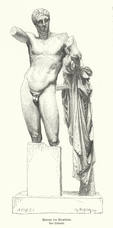 Hermes ve Bebek Dionysos, Antik Yunan heykeltıraş Praxiteles'in Hera Tapınağı, Olympia'nın kalıntılarında keşfedilen heykeli (gravür) by German School