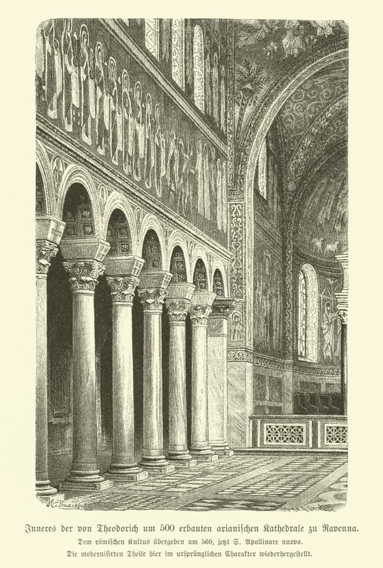 Sant'Appolinare Nuovo Bazilikası'nın iç kısmı, Ravenna, İtalya (gravür) by German School