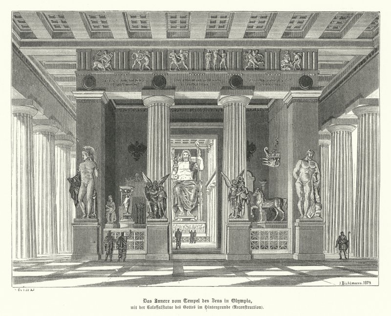 Olympia'daki Zeus Tapınağı'nın içi, Antik Yunanistan (gravür) by German School