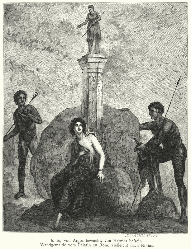 Tanrıça Hera'nın emriyle Argus Panoptes tarafından korunan, Hermes tarafından izlenen, Zeus tarafından onu kaçırmak için gönderilen Io, Roma duvar resmi (gravür) by German School