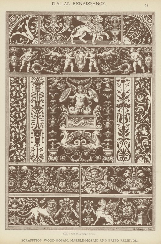 İtalyan Rönesansı, Sgraffitos, Ahşap Mozaik, Mermer Mozaik ve Basso Rölyefler (renkli lito) by German School