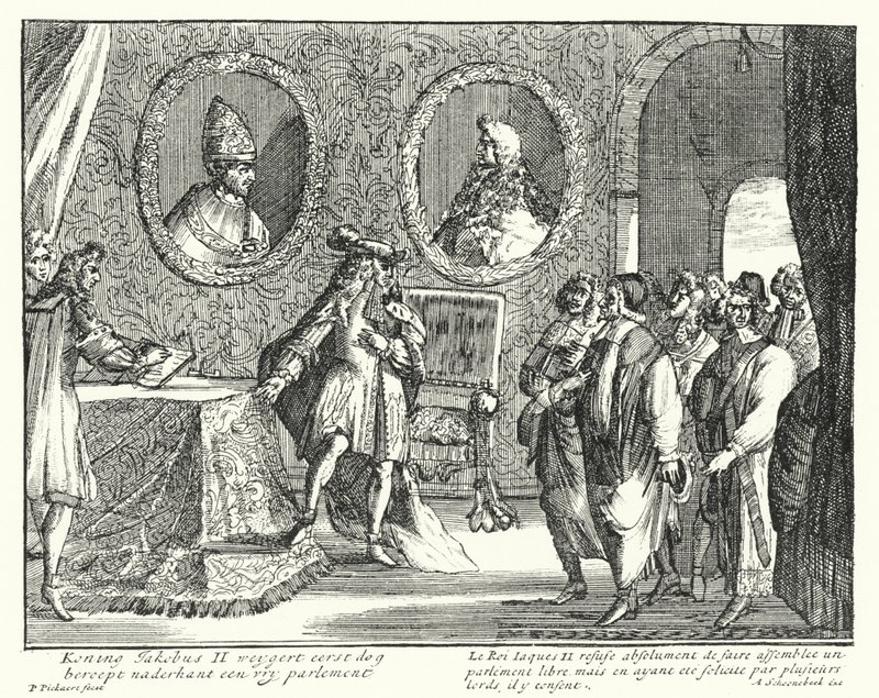 İngiltere Kralı II. James, Parlamentonun oturmasına izin vermeyi reddediyor (gravür) by German School