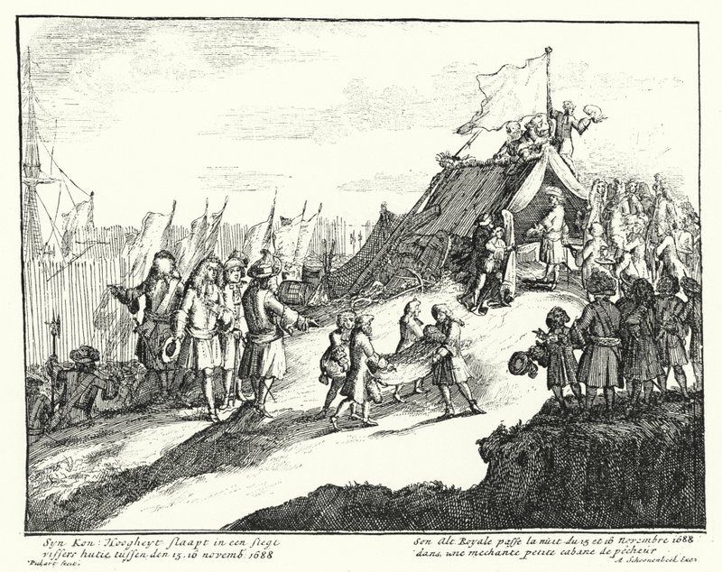 İngiltere Kralı II. James, 15/16 Kasım 1688 gecesini fakir bir balıkçı kulübesinde geçirir (gravür) by German School