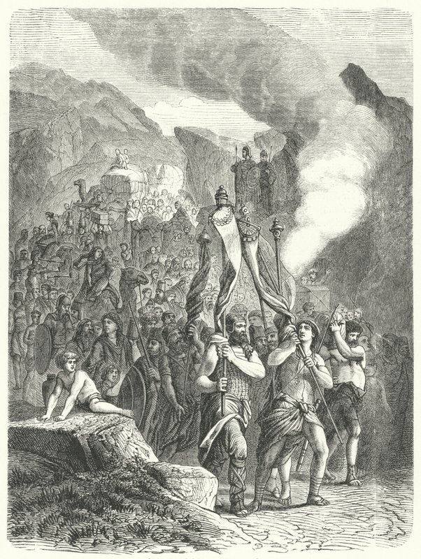 Yeşu, İsraillilere Vaat Edilen Topraklarda önderlik ediyor (gravür) by German School