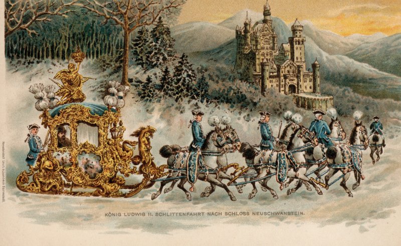 Bavyera Kralı Ludwig II altın bir kızakla Neuschwanstein Şatosu