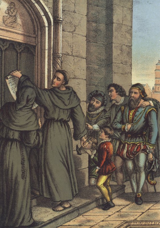 Luther 95 Tezini All Saints Kilisesi, Wittenberg (chromolitho) kapısına çiviliyor by German School