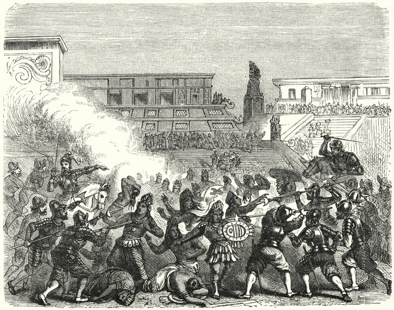 Hernan Cortes'in İspanyol fatihleri tarafından Cholula'da Aztek savaşçılarının ve soylularının katliamı by German School
