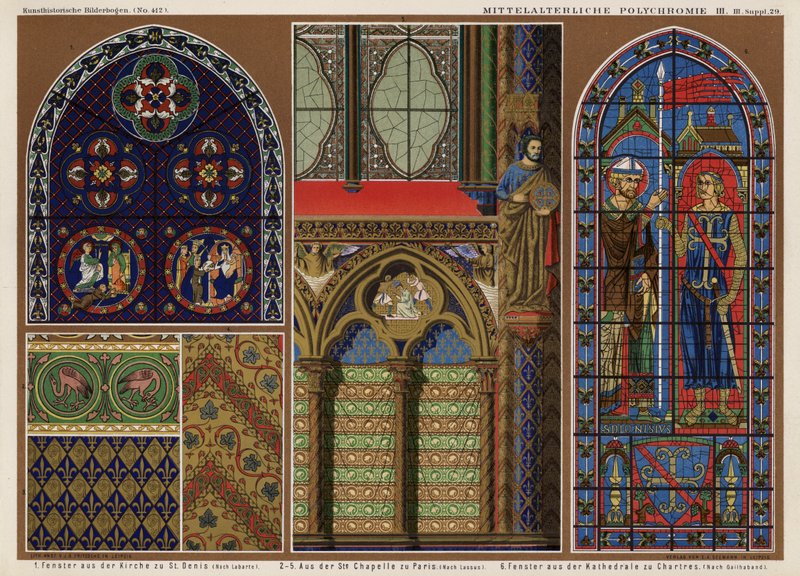 Ortaçağ Fransız vitray pencereler: St Denis Kilisesi, Paris; Sainte Şapeli, Paris; Chartres Katedrali (renkli taş) by German School