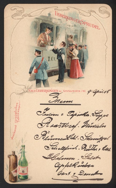 Menü kartı reklamı Ueberkinger köpüklü maden suyu (renkli taş) by German School