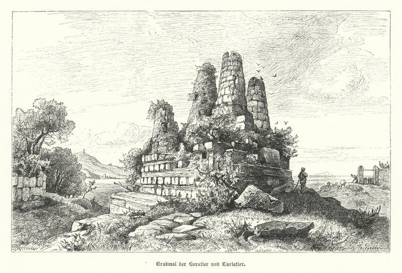 Horatii ve Curiatii Anıtı, antik Roma efsanesinin savaşçıları (gravür) by German School