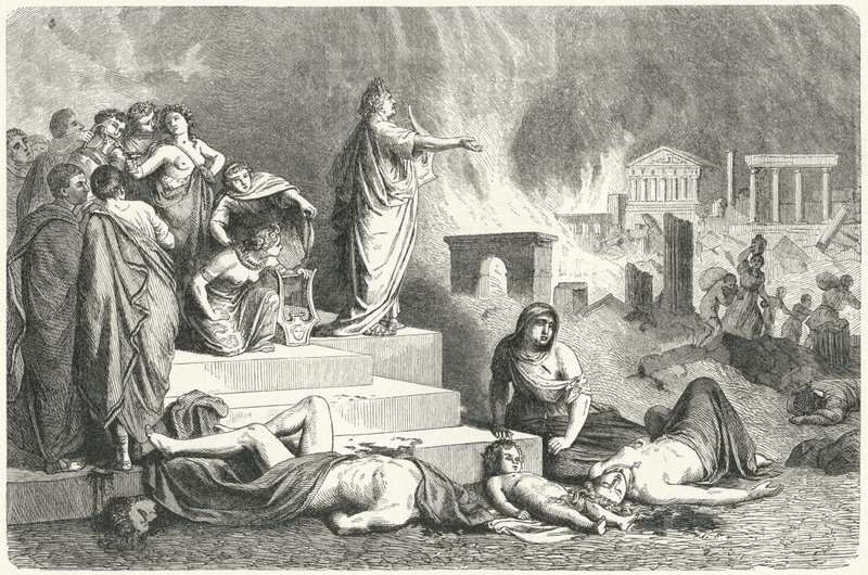 Büyük Roma Yangını sırasında Nero, 64 (gravür) by German School
