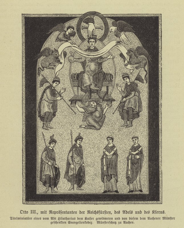 Otto III, Kutsal Roma İmparatoru, prenslerin, soyluların ve din adamlarının temsilcileriyle (gravür) by German School
