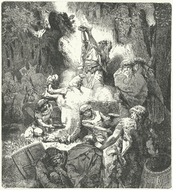 Kutsal bir koruda adak sunan Pagan Litvanyalılar (gravür) by German School