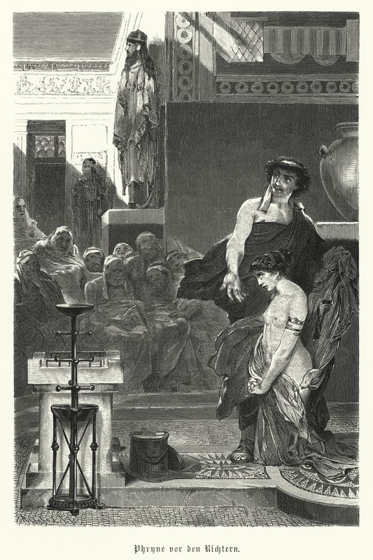 Phryne, Antik Yunan fahişesi, dinsizlikten yargılanıyor, MÖ 4. yy (gravür) by German School
