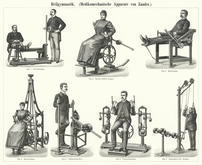 Fizyoterapi: İsveçli doktor ve ortopedist Gustav Zander tarafından icat edilen mekanoterapi cihazı (gravür) by German School