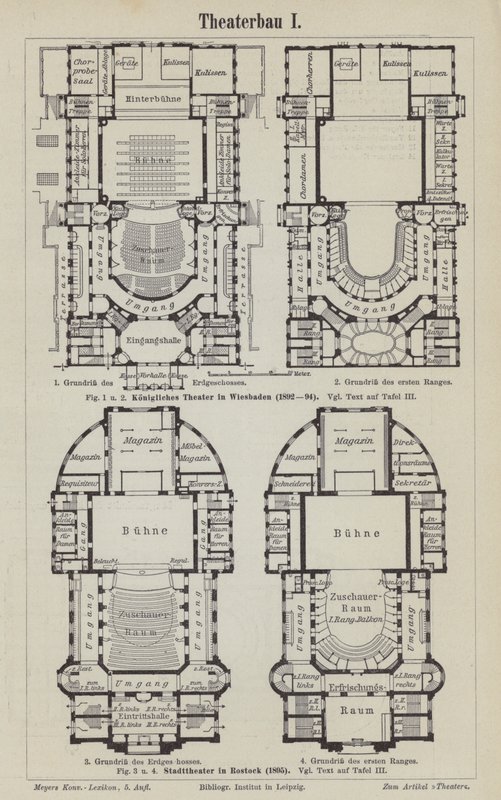 Kraliyet Tiyatrosu, Wiesbaden ve Belediye Tiyatrosu, Rostock, Almanya planları (gravür) by German School